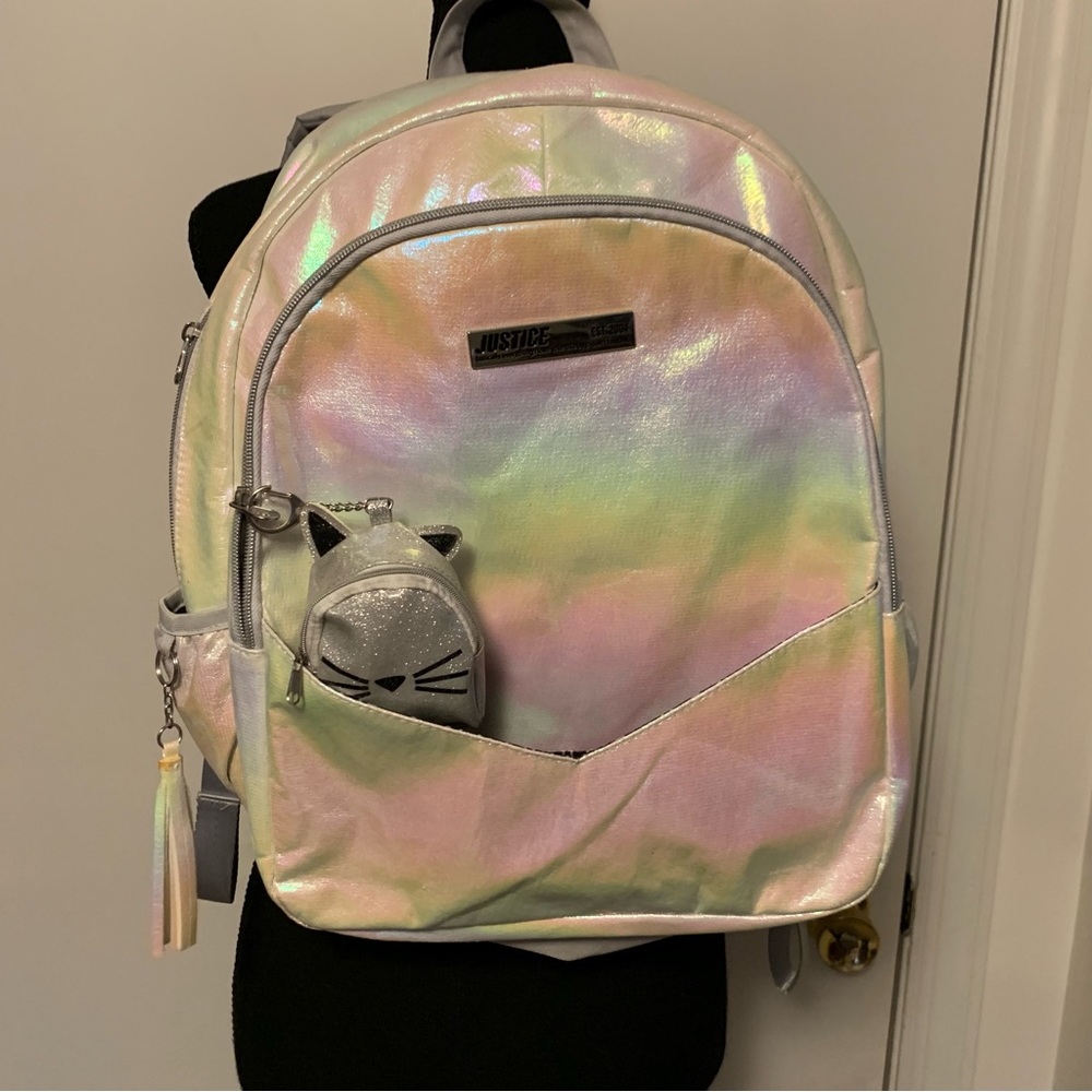 JUSTICE Hologram BACKPACK/CAT COIN PURSE, IRIDESCENT SHIMMER